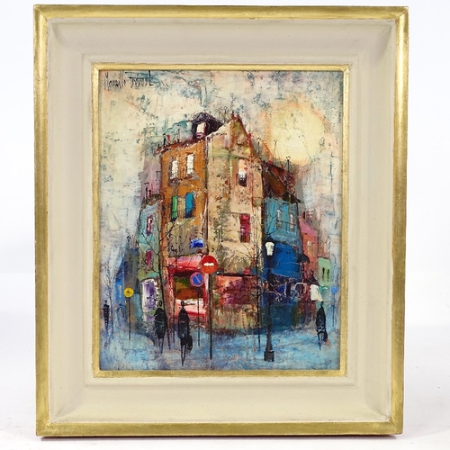 1292 - Maurille Prevost, oil on canvas, Parisian street scene, signed, 10.5