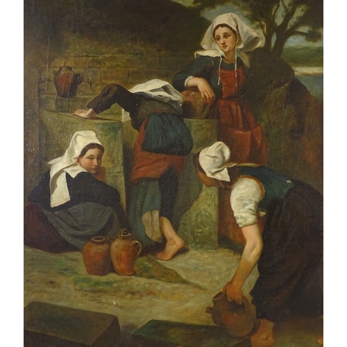 1307 - 19th century oil on canvas, women at the well, unsigned, 24