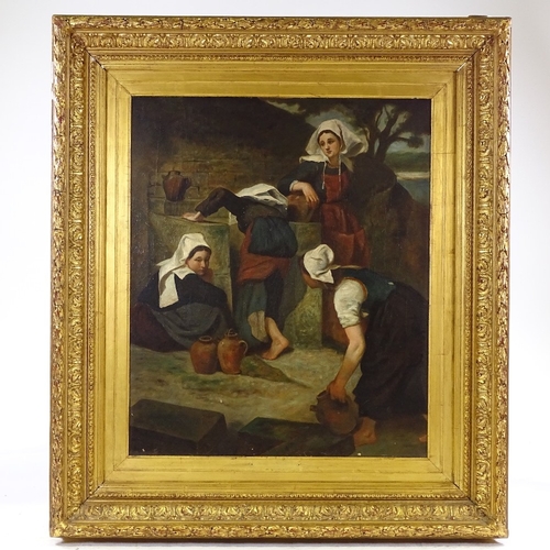 1307 - 19th century oil on canvas, women at the well, unsigned, 24