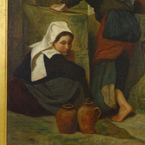 1307 - 19th century oil on canvas, women at the well, unsigned, 24