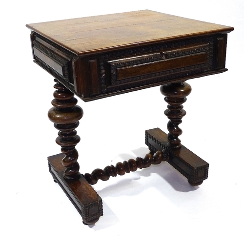 409 - A 19th century Portuguese rosewood sewing table with rising top, carved panelled surround, on turned... 