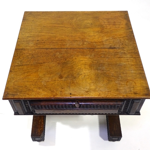 409 - A 19th century Portuguese rosewood sewing table with rising top, carved panelled surround, on turned... 