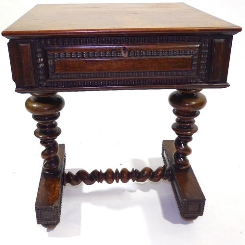 409 - A 19th century Portuguese rosewood sewing table with rising top, carved panelled surround, on turned... 