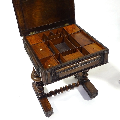 409 - A 19th century Portuguese rosewood sewing table with rising top, carved panelled surround, on turned... 