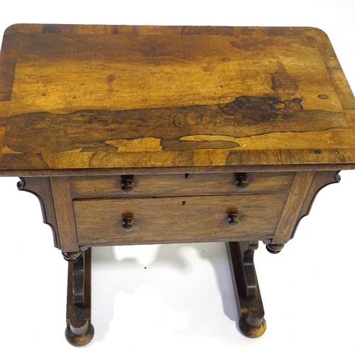 410 - A 19th century rosewood 2 drawer side table on stretcher base, width 71cm