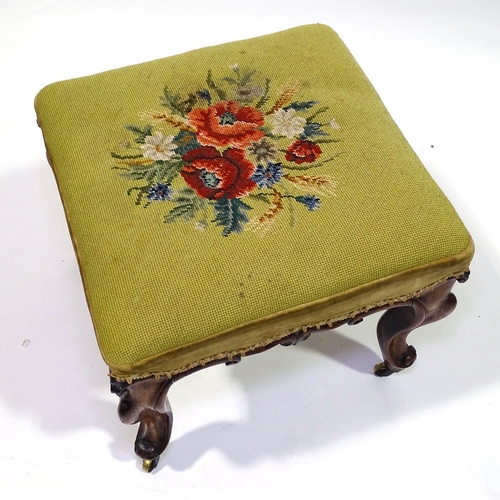 412 - A Victorian square rosewood upholstered dressing stool, with carved frieze and brass casters