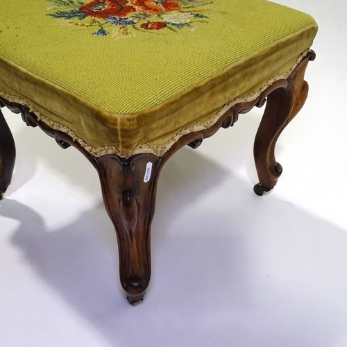 412 - A Victorian square rosewood upholstered dressing stool, with carved frieze and brass casters