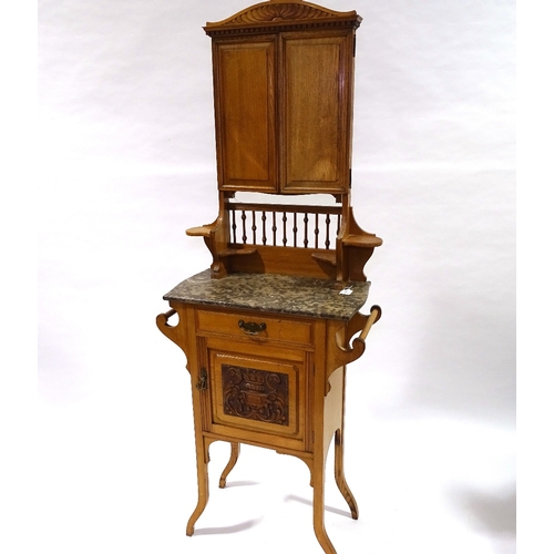 413 - An Arts and Crafts light oak marble-topped wash stand, with mirror inset upper part