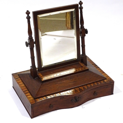 418 - A Victorian mahogany and satinwood inlaid swing toilet mirror, with serpentine front drawer below