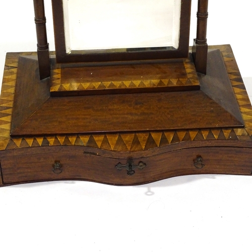 418 - A Victorian mahogany and satinwood inlaid swing toilet mirror, with serpentine front drawer below