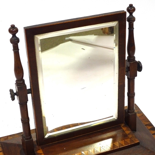 418 - A Victorian mahogany and satinwood inlaid swing toilet mirror, with serpentine front drawer below