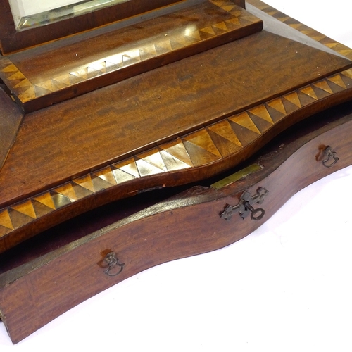 418 - A Victorian mahogany and satinwood inlaid swing toilet mirror, with serpentine front drawer below