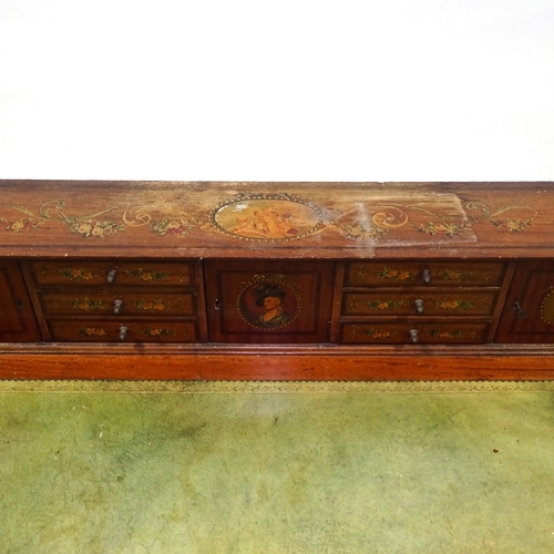 423 - An Edwardian satinwood and rosewood crossbanded writing desk, with painted decoration, width 94cm