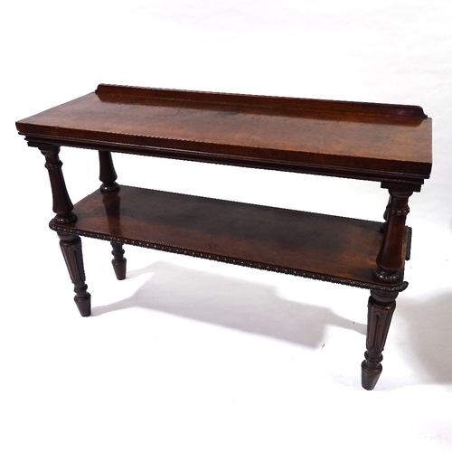 429 - A 19th century amboyna 2-tier buffet with carved supports, width 137cm