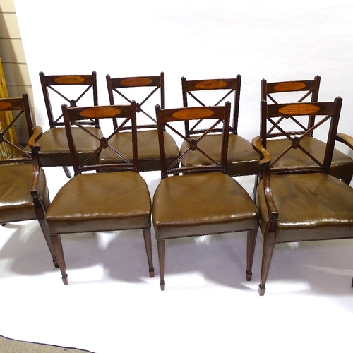 436 - A set of 8 leather-upholstered mahogany dining chairs, with satinwood inlaid backs