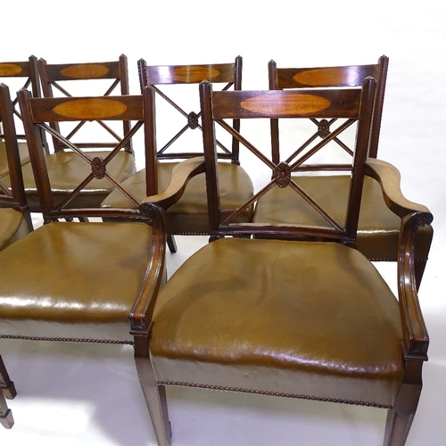 436 - A set of 8 leather-upholstered mahogany dining chairs, with satinwood inlaid backs