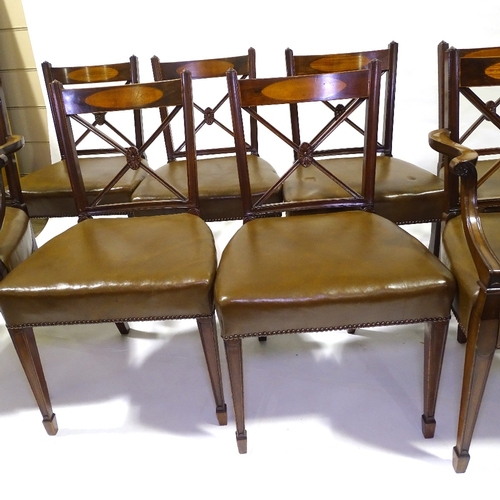 436 - A set of 8 leather-upholstered mahogany dining chairs, with satinwood inlaid backs