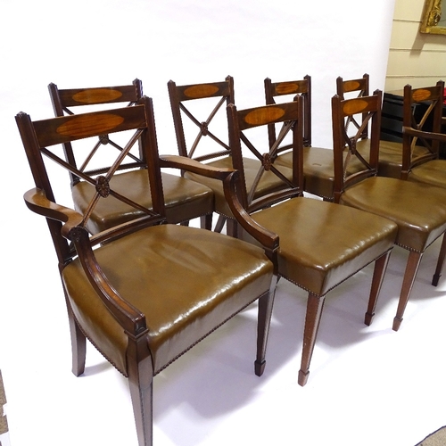 436 - A set of 8 leather-upholstered mahogany dining chairs, with satinwood inlaid backs