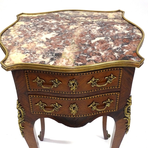 441 - A French kingwood 2-drawer side table with shaped marble top and ormolu mouldings and mounts, width ... 