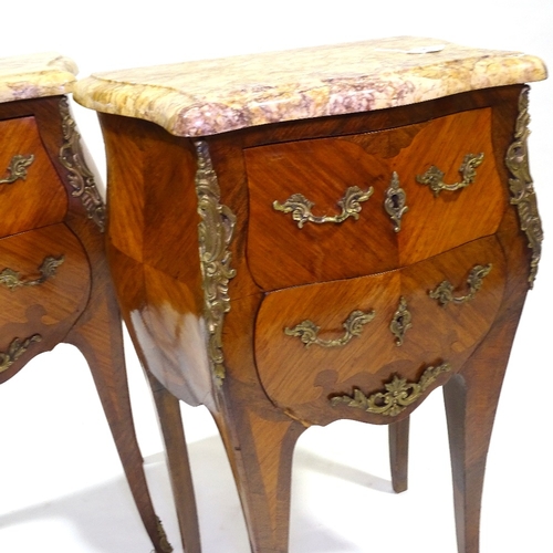 448 - A pair of French kingwood bombe 2-drawer bedside chests, with shaped marble tops, width 43cm