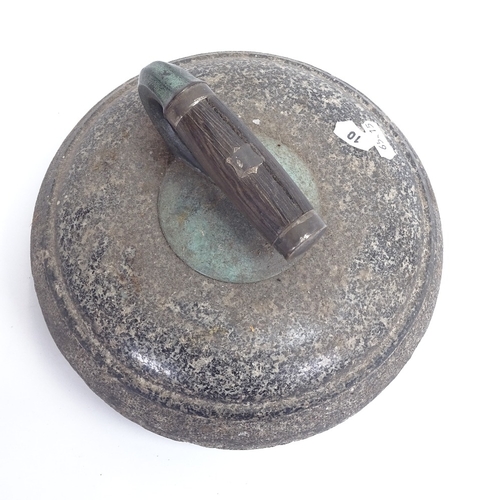 10 - An Antique granite curling stone with brass silver-mounted turned ebony handle, diameter 24cm