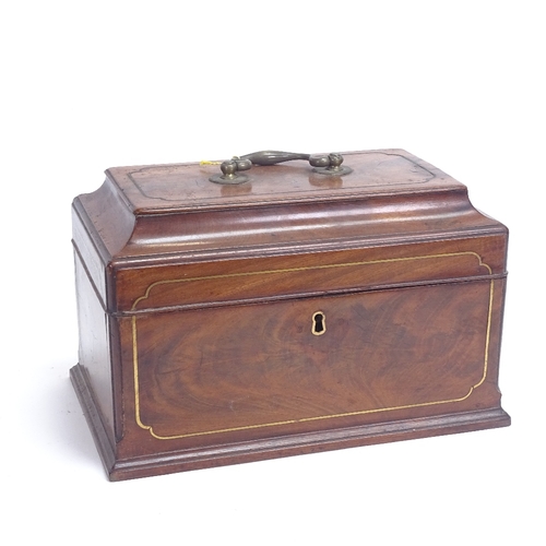 13 - A 19th century brass inlaid mahogany games box, brass swing handle with velvet lined lid interior, l... 