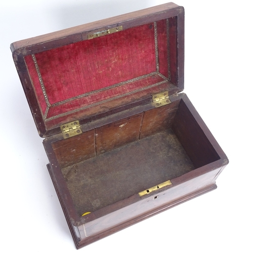 13 - A 19th century brass inlaid mahogany games box, brass swing handle with velvet lined lid interior, l... 