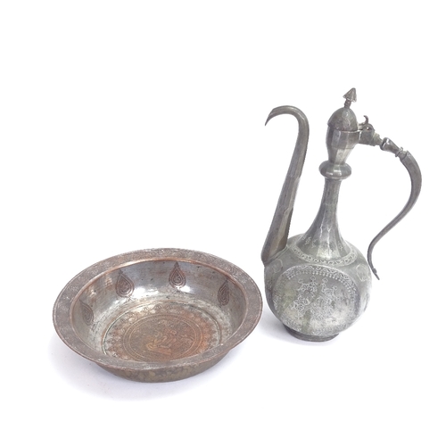 17 - A Middle Eastern Persian tinned copper ewer, and a similar circular bowl, engraved man kneeling with... 