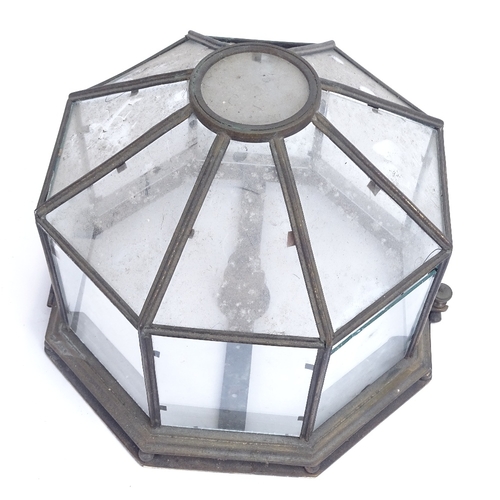 18 - An Antique brass-framed octagonal barn flush ceiling light fitting/mount, glass panels with hinged c... 