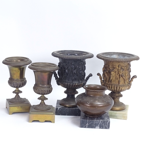 34 - 2 cast-brass Grand Tour style campana urns, 2 brass urns on stands, and a brass pot, largest overall... 