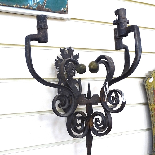 51 - A large cast-brass 2-branch candle holder wall bracket, height 55cm