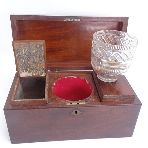 53 - A 19th century mahogany rectangular tea caddy, with internal central glass bowl and removable caddy ... 