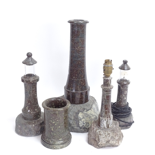 55 - 4 carved and polished serpentine marble lighthouse design table lamps, and a serpentine marble brush... 