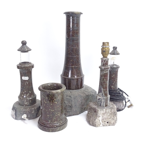 55 - 4 carved and polished serpentine marble lighthouse design table lamps, and a serpentine marble brush... 