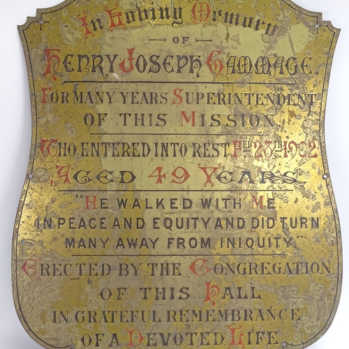 59 - A large painted brass memorial plaque, to Henry Joseph Gammage, died aged 49 years, height 75cm