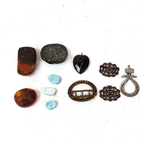 110 - Various Egyptian carved Scarab beetles, novelty creatures in amber, banded agate heart pendant, Geor... 