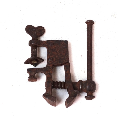 126 - A pair of Antique combination swivel keys, a small watchmaker's vice, and a William Campbell ivory f... 