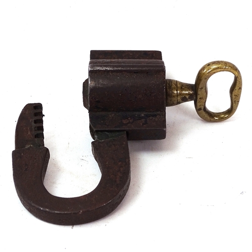 144 - 2 18th century wrought-iron padlocks, with hollow 6 and 5 ward keys, largest lock length 10.5cm (2)