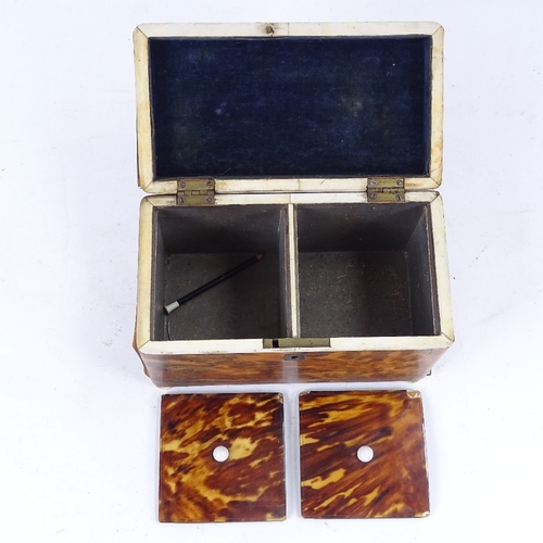 182 - A Regency blonde tortoiseshell tea caddy with velvet-lined lid, 2 inner lids and ivory bun feet, len... 