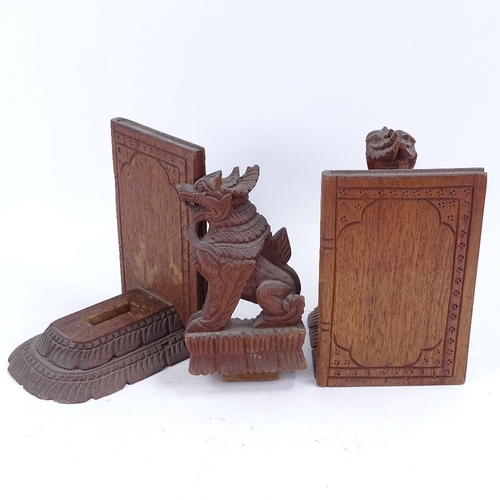 188 - A pair of Oriental carved hardwood bookends, a graduated 3-tier corner hanging shelf, and a satinwoo... 