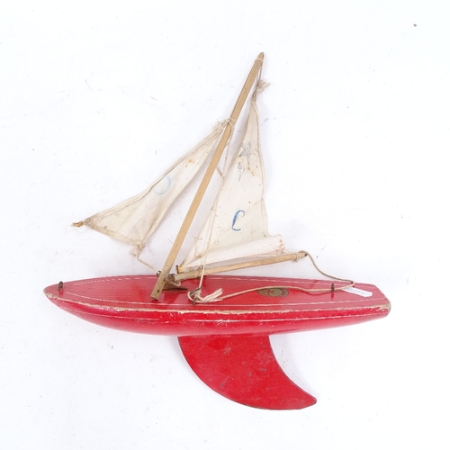 205 - 2 painted wood Star Yacht pond boats, with sails and rigging, length 27cm (2)