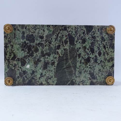 224 - A large polished green marble desk stand, with double brass inkwells and inset central onyx panel, o... 