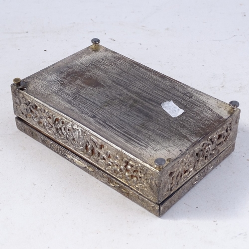 243 - An Oriental silver plated rectangular cigarette box, relief and pierced lake and floral lid, unmarke... 