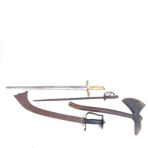 72 - A reproduction Indian tulwar sword, painted and gilded wood sword and axe, and a small presentation ... 