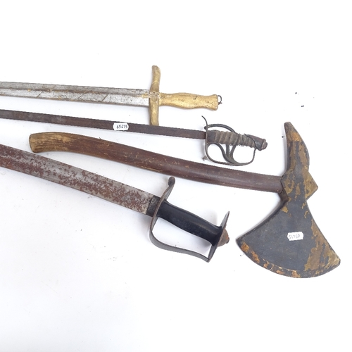 72 - A reproduction Indian tulwar sword, painted and gilded wood sword and axe, and a small presentation ... 