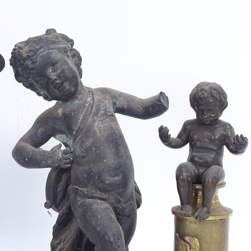 73 - A bronze seated Putti figure on brass base, verdigris cast-brass cherub and cast-brass warrior, warr... 