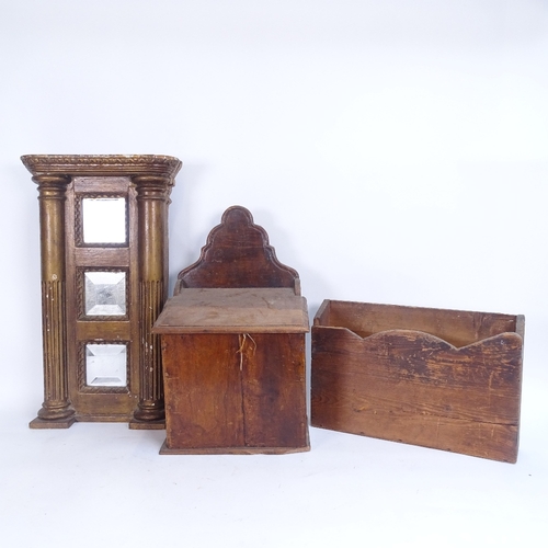 74 - An 18th century mahogany candle box, a pine hanging letter rack, and a gilt-gesso 3-pane column wall... 