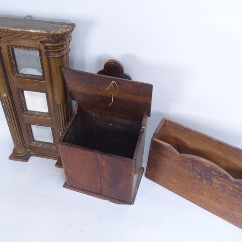 74 - An 18th century mahogany candle box, a pine hanging letter rack, and a gilt-gesso 3-pane column wall... 