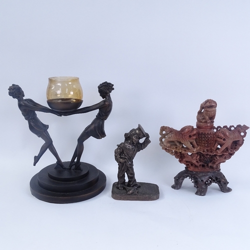 251 - An Art Deco style resin candle holder, an Oriental carved soapstone incense burner, and a resin HMS ... 