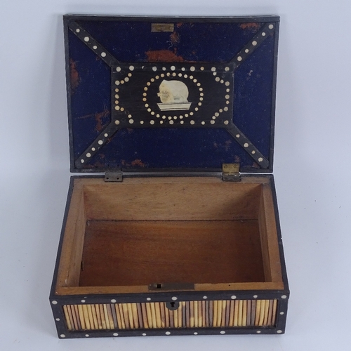 261 - A porcupine quill box, and a mother-of-pearl and ivory inlaid Middle Eastern box, largest length 21c... 